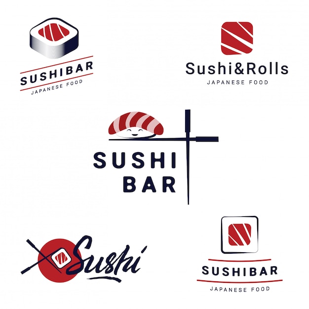 寿司バーのロゴのテンプレートセット。ベクトルオブジェクトと和食レストランのアイコン
