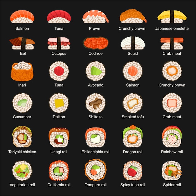 Premium Vector | Sushi bar menu vector illustration sushi sashimi sushi  rolls set