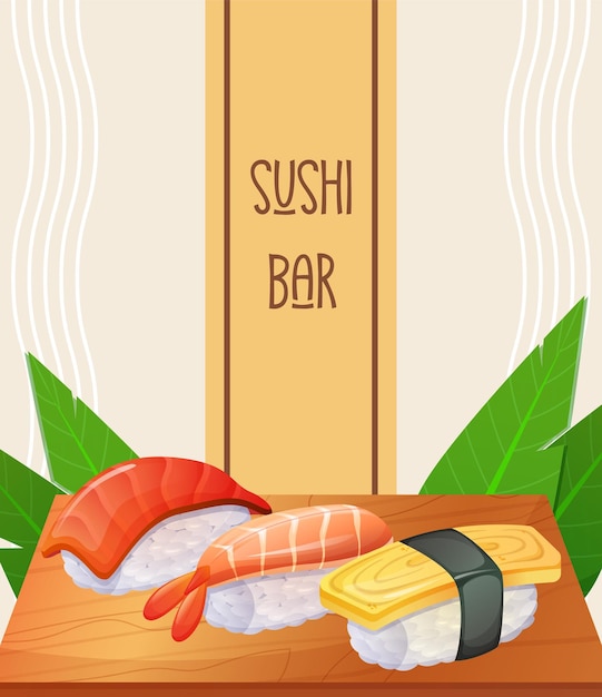 Sushi Bar Poster Japanese nigiri on table Asian food Vector illustration