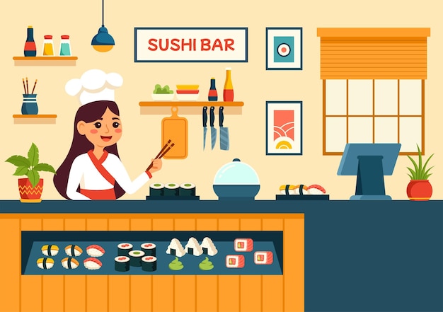 일본 아시아 음식 또는 사시미와 을 먹는 식당의 수시 바 터 일러스트레이션