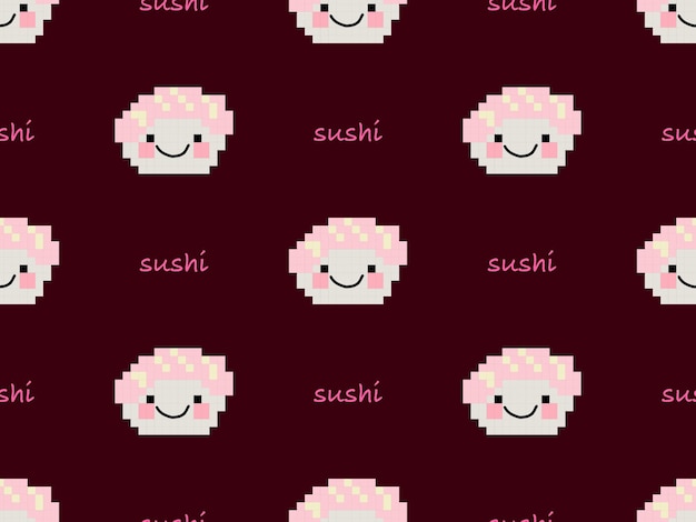 Modello senza cuciture del personaggio dei cartoni animati di sushi su sfondo rosso stile pixel