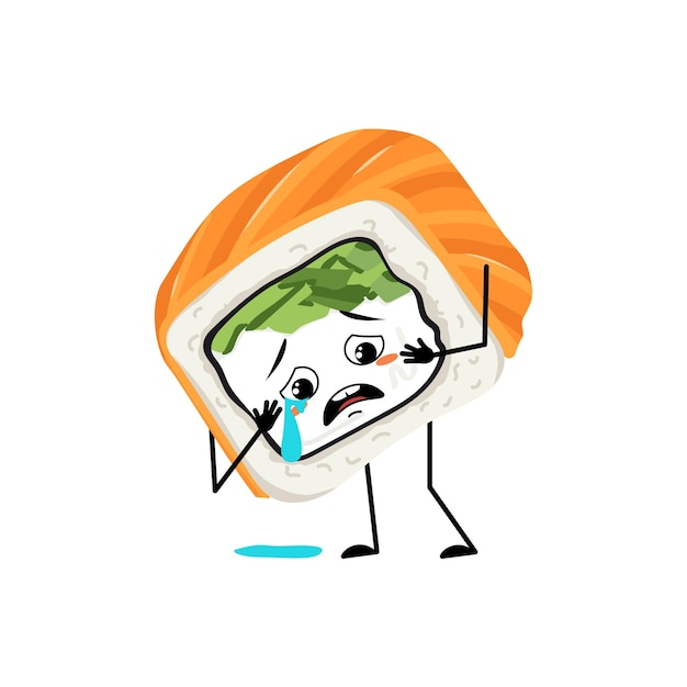 울고 눈물 감정 슬픈 얼굴 우울한 눈을 가진 스시 캐릭터 우울한 표정 아시아 음식 이모티콘 벡터 평면 그림을 가진 사람