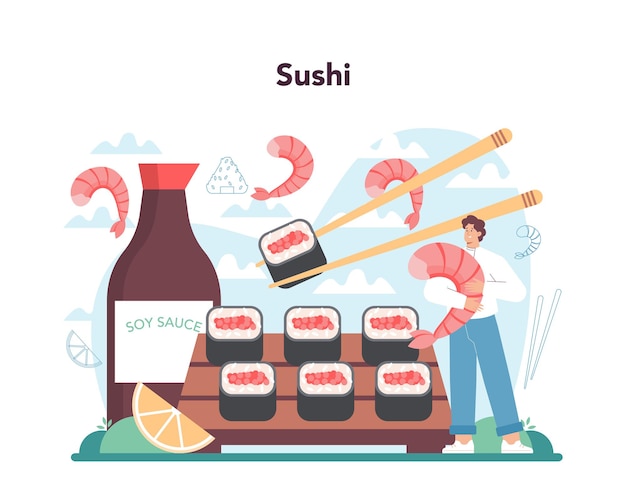 Vettore sushi chef concept chef del ristorante che cucina panini e sushi?