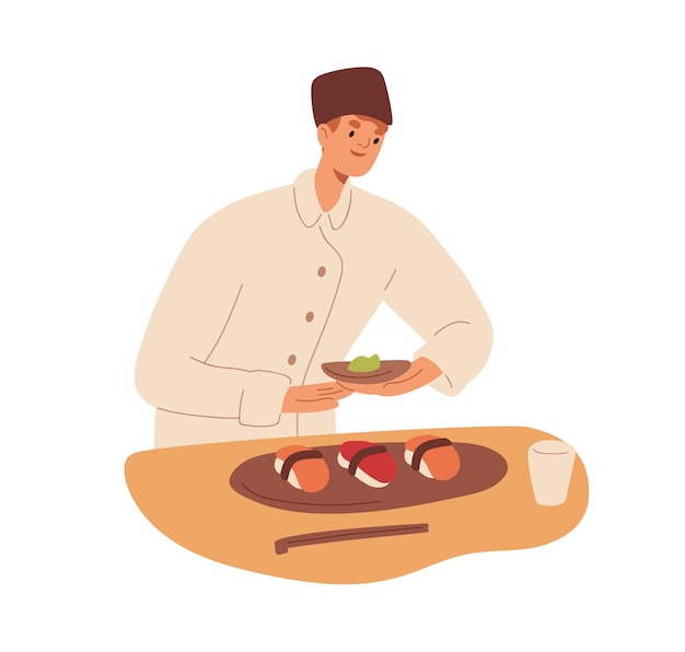 Cuoco unico di sushi che cucina il piatto asiatico del ristorante. professionista culinario che prepara cibo giapponese, serve pasti con contorno. alta cucina giapponese. illustrazione vettoriale piatta isolata su sfondo bianco