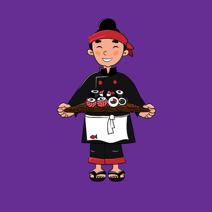 Vector sushi chef with sushi rolls in his hands japanese restaurant sashimi vector illustration isolated