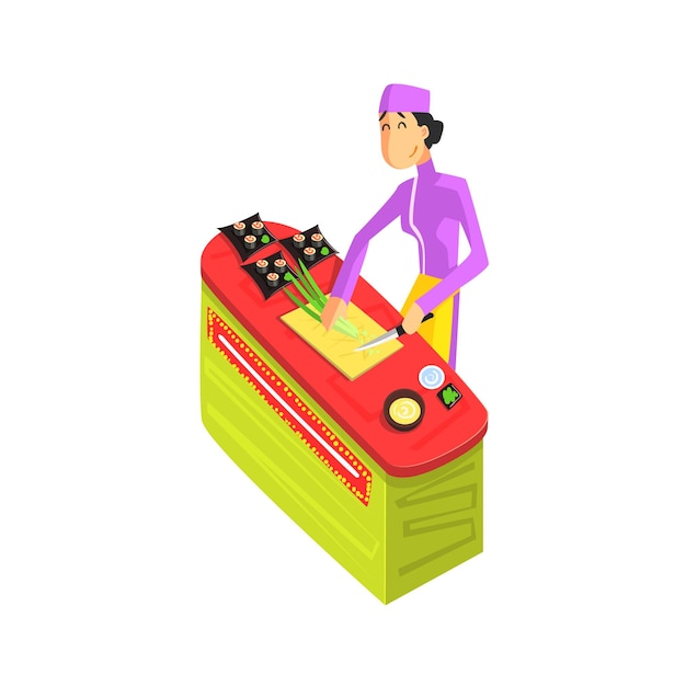 Vector sushi chef working fun illustration in simple childish style flat vector design on white background