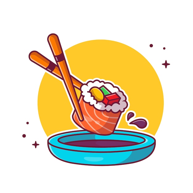 Sushi, Chopstick And Shoyu Cartoon   Icon Illustration. Japanese Food Icon Concept Isolated  . Flat Cartoon Style