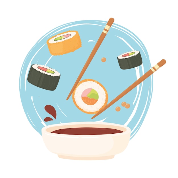 Vector sushi chopstick with roll in soy sauce and nigiri, sashimi food illustration