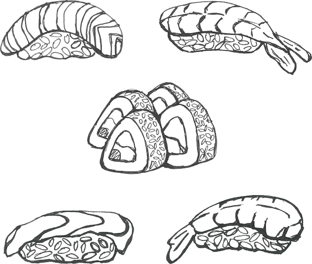 Sushi en broodjes doodle set. Japans eten. Vector illustratie.