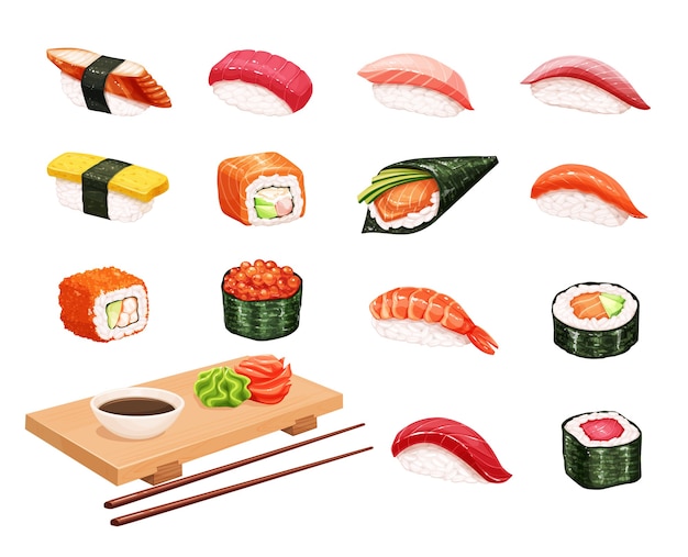 Sushi en broodjes. Japanse voedselillustratie voor zeevruchtenwinkel