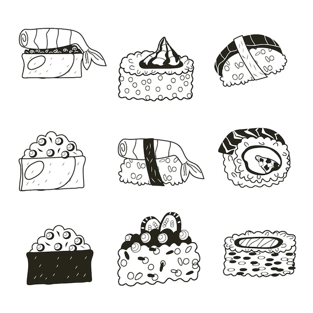 Sushi en roll voedsel stukken set zwart-wit grafische vectorillustratie geïsoleerd