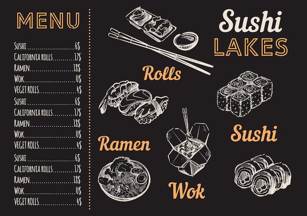 Sushi eten menu schets in wit krijt
