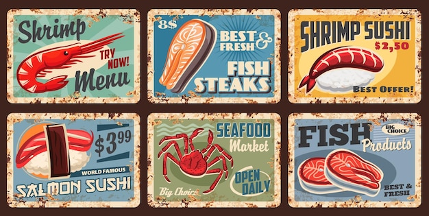 Sushi fish and seafood market metal grunge signs