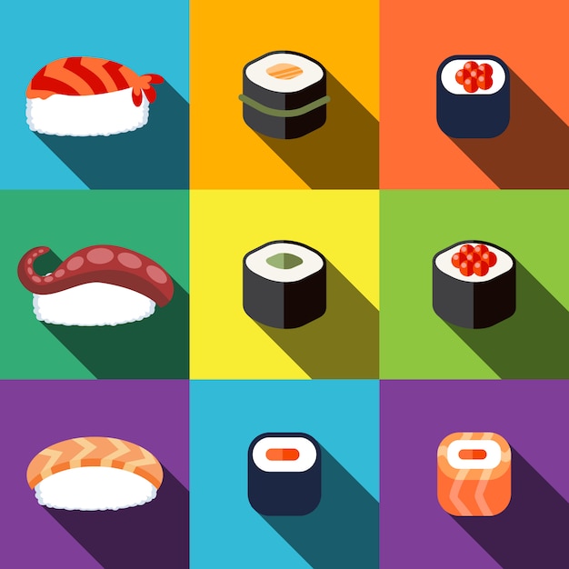 Sushi flat icons set