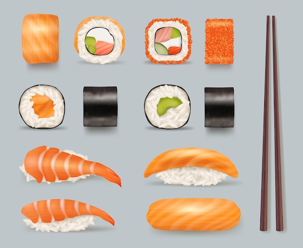 Vettore cibo per sushi. deliziosi prodotti di alghe asiatiche da involtini di pesce con riso e salsa di soia bacchette di cucina asiatica modello decente di immagini realistiche di vettore. illustrazione sushi e frutti di mare, alghe asiatiche