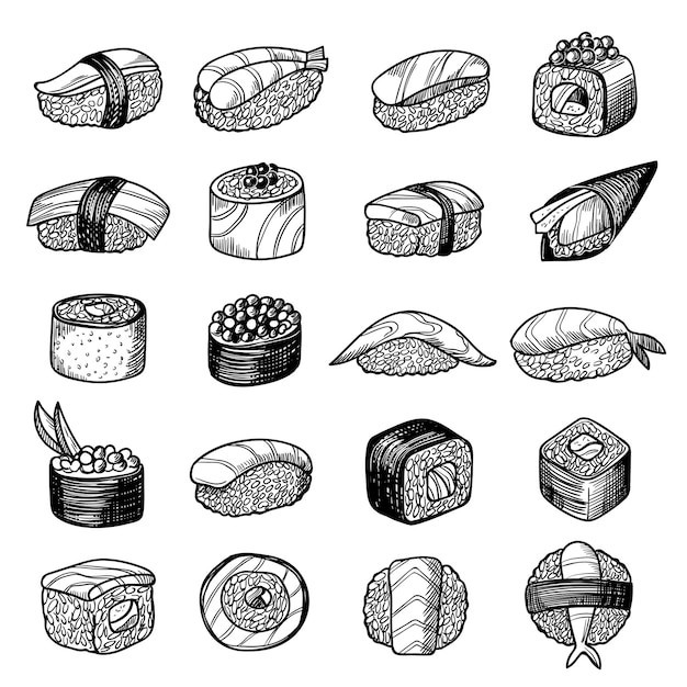 Sushi food Natural asian cuisine rolls and sushi wasabi rice sauce different products from fish recent vector hand drawn japan products