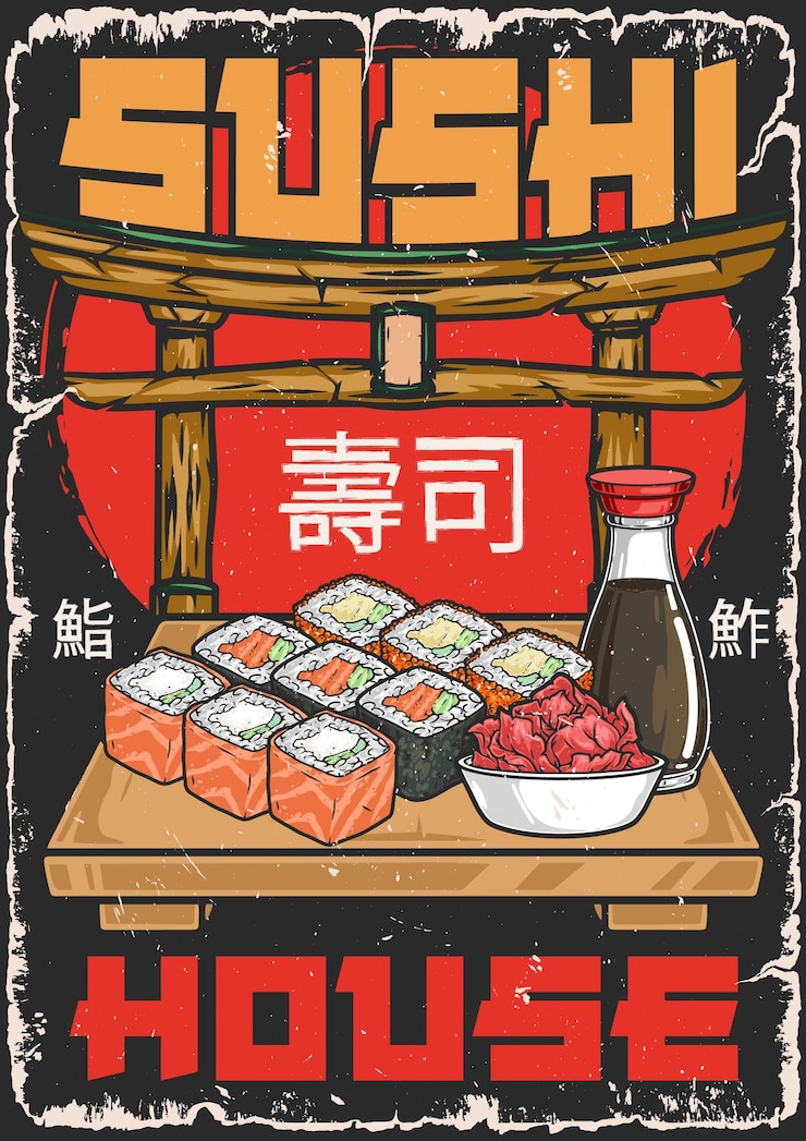 Vector sushi food vintage poster colorful