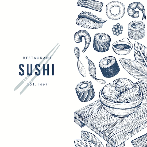 Sushi disegnati a mano sullo sfondo