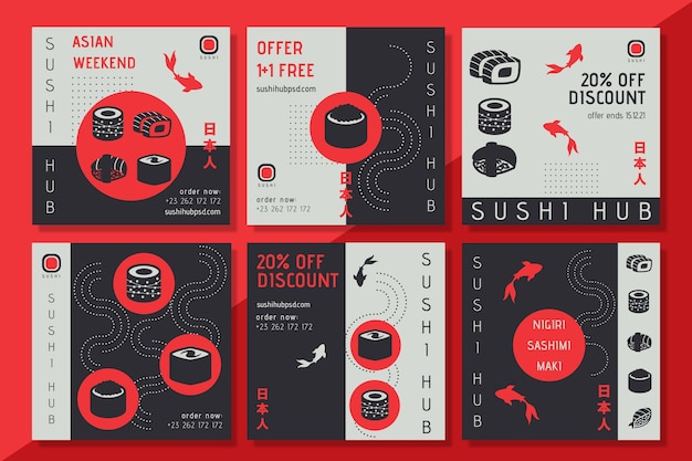 Vector sushi hub instagram posts template