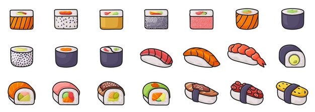 ベクトルセット アイコン ベクトルイラスト 白い背景の日本料理 カラーセットアイコンロール