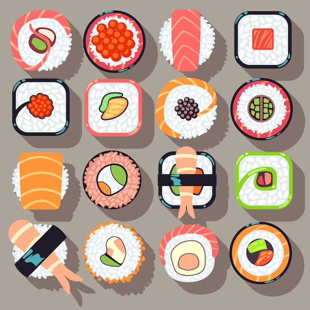 Vector sushi japanese cuisine food flat  icons