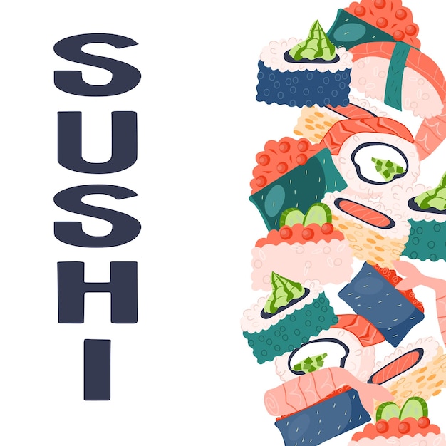 Суши японское блюдо баннер или флаер дизайн плоской векторной иллюстрации мультфильма
