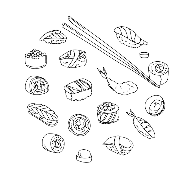 sushi japanese food hand drawn doodle illustrations vector set