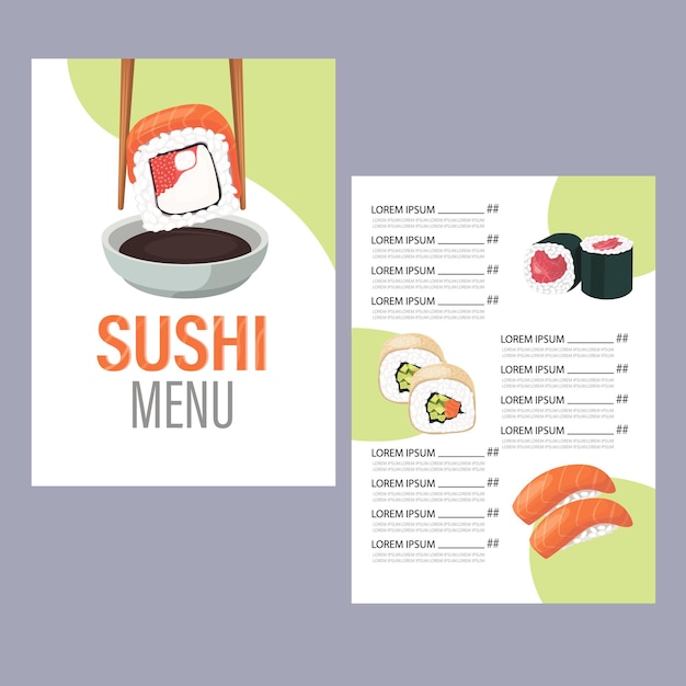 Vettore design del menu di sushi e cibo giapponese con elementi alimentari