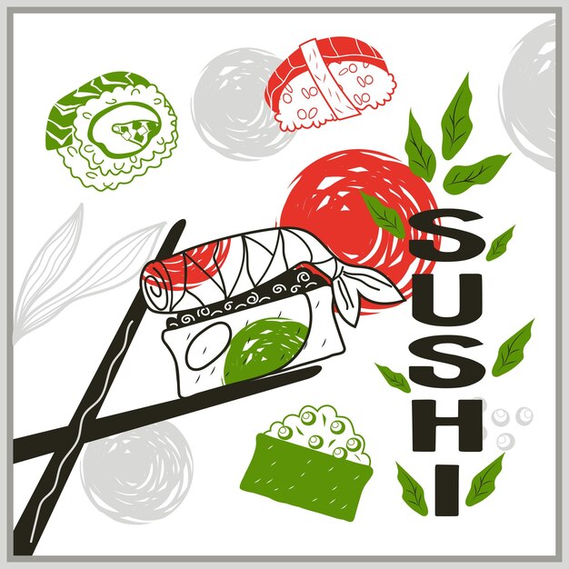 Vettore sushi japanese food restaurant banner o poster modello di carta per l'illustrazione vettoriale disegnata a mano dai social media su sfondo bianco