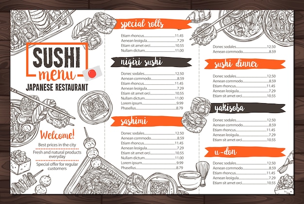 Vettore sushi e menu del ristorante di cibo giapponese