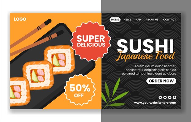 Sushi cibo giapponese pagina di destinazione dei social media modelli disegnati a mano a cartoni animati illustrazione di sfondo