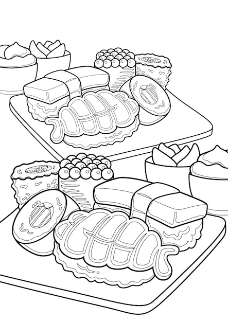 Sushi Japanese Lunch Food Coloring Pages A4 for Kids and Adult