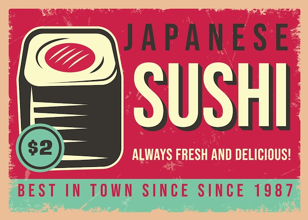 Sushi Japanese restaurant retro sign design vector illustration