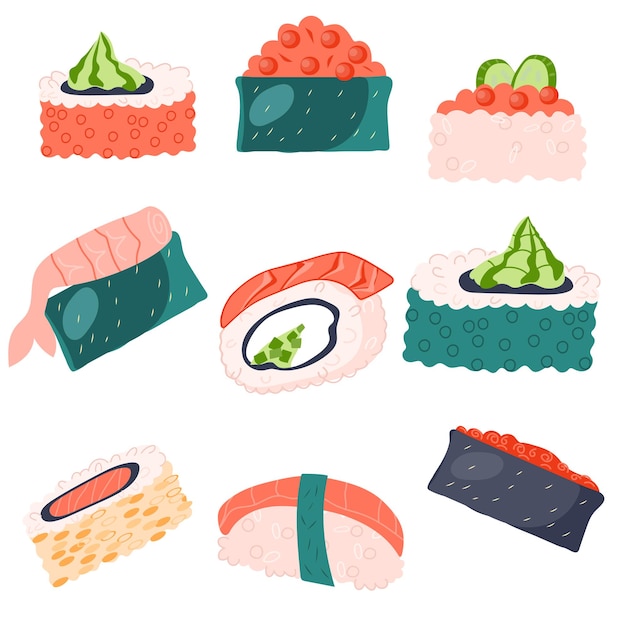 Sushi Japanese seafood icons or symbols collection Sushi and roll pieces set