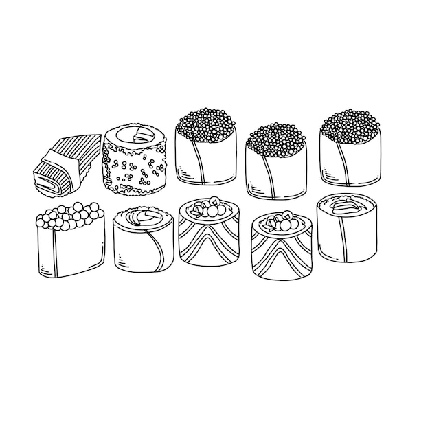 sushi japans eten hand getrokken doodle illustraties vector set