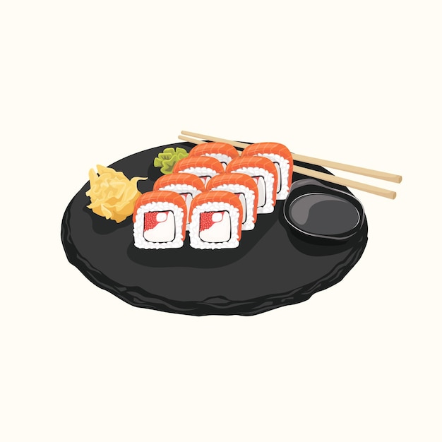Sushi, Japans eten menu vectorillustratie. Cartoon geïsoleerde plaat met stokjes