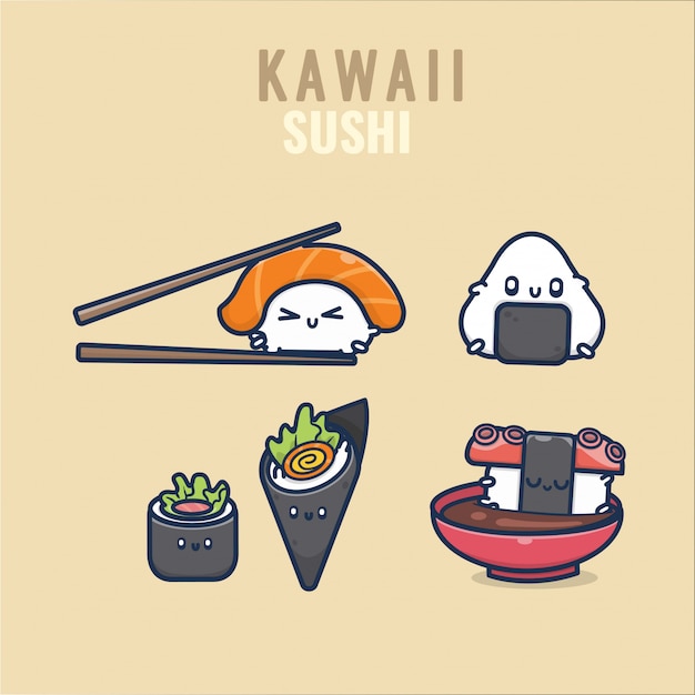 Insieme dell'illustrazione di emoji dell'emoticon dell'alimento giapponese di kawaii dei sushi