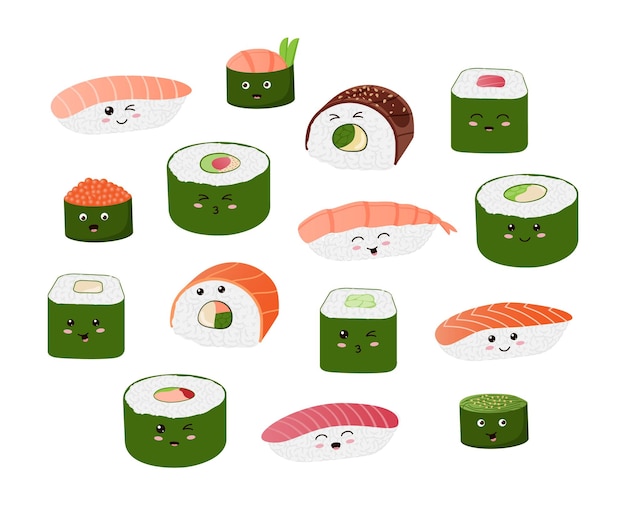 Sushi leuke cartoon aziatisch eten karakters met grappige gezichten zalm en wasabi vector traditionele cuise