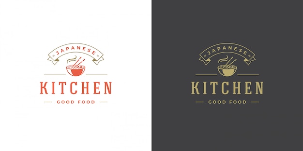 Sushi logo and badge japanese food restaurant with ramen noodle soup asian kitchen silhouette  