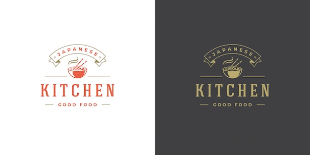 Vector sushi logo and badge japanese food restaurant with ramen noodle soup asian kitchen silhouette