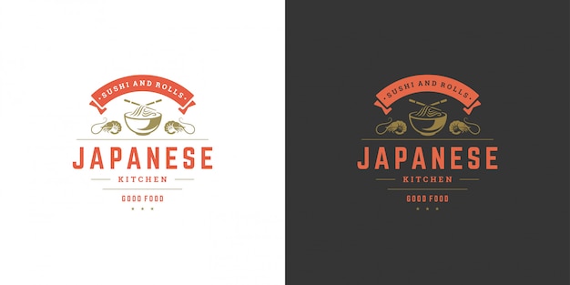 Ristorante di cibo giapponese logo e distintivo di sushi con silhouette di cucina asiatica di zuppa di spaghetti ramen