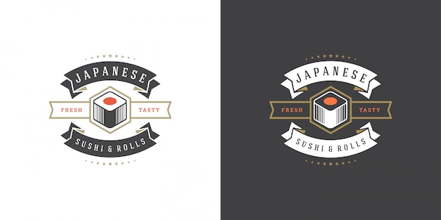 Vettore logo giapponese dei sushi e ristorante giapponese dell'alimento del distintivo con l'illustrazione asiatica di vettore della cucina del rotolo di color salmone dei sushi