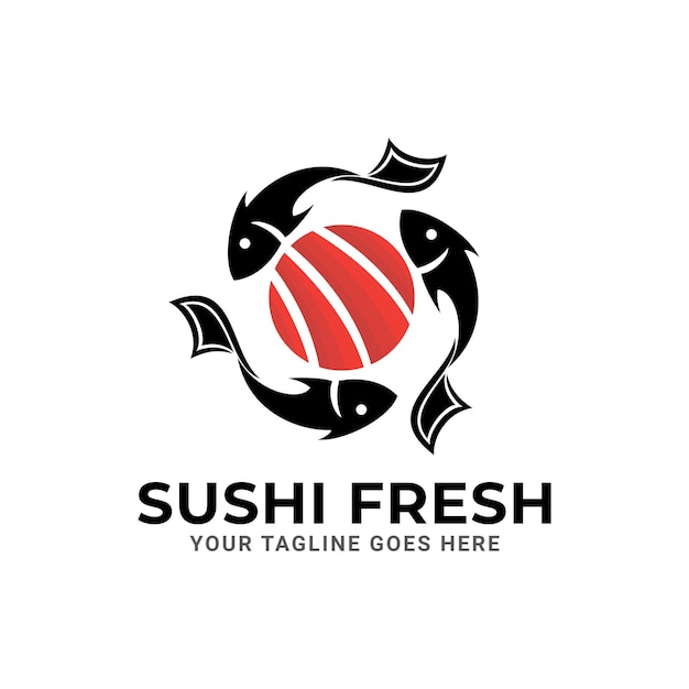 魚を使った寿司のロゴデザイン。白い背景で隔離されました。モダンなデザイン。フラットのロゴ。