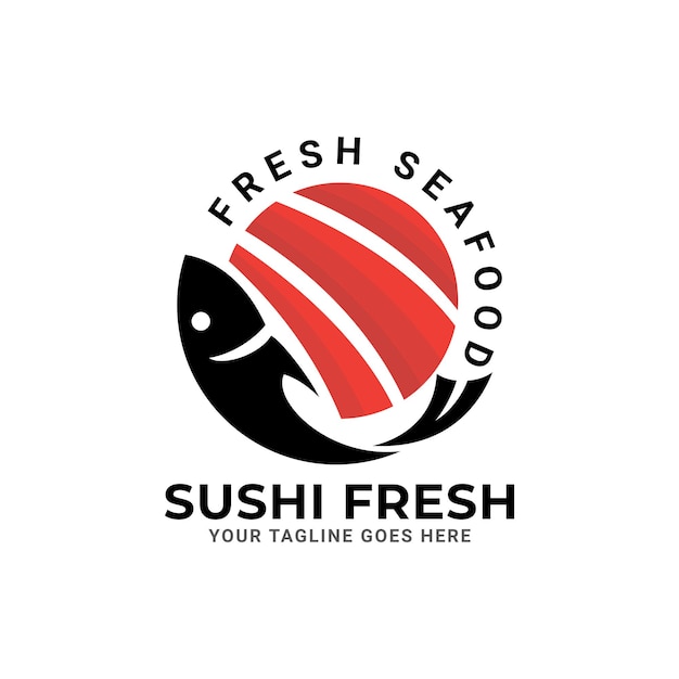 Sushi logo design con pesce. isolato in sfondo bianco. design moderno. logo piatto.