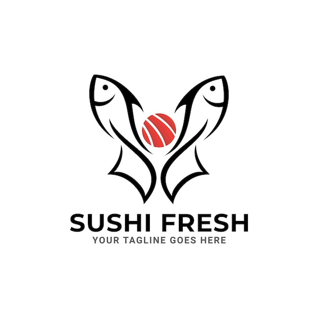 Sushi logo design con pesce. isolato in sfondo bianco. design moderno. logo piatto.