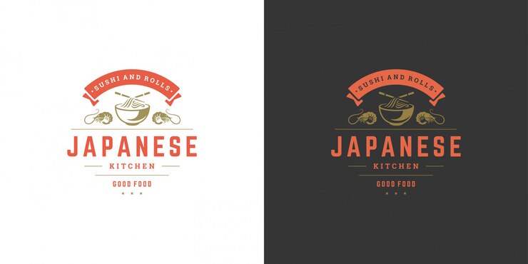 Sushi-logo en badge Japans eten restaurant met ramen noodlesoep Aziatische keuken silhouet