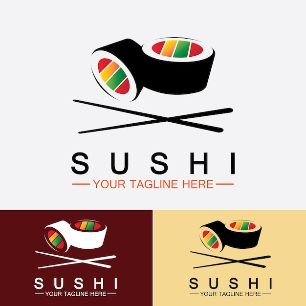 Sushi logo sjabloon Vector pictogram stijl illustratie Bar of Shop Sushi Zalm Roll Sushi en broodjes met eetstokje bar of restaurant vector logo sjabloon