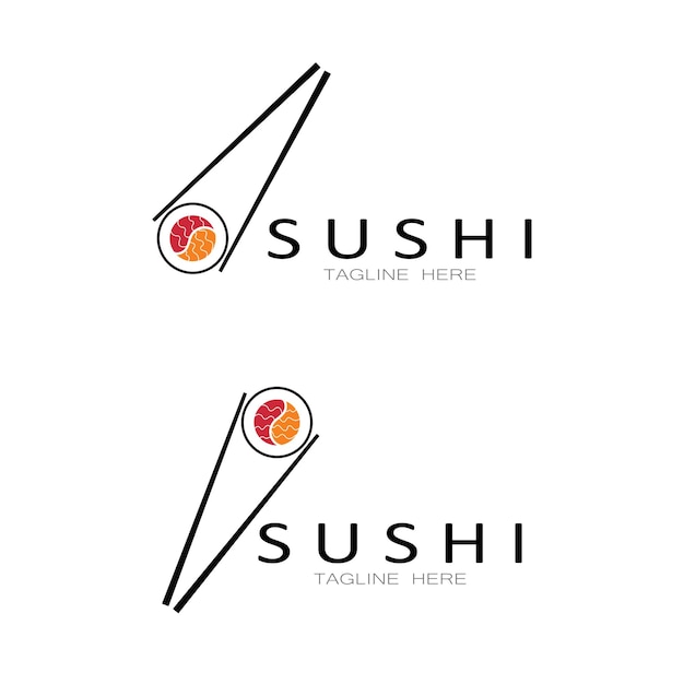 Sushi logo sjabloon Vector pictogram stijl illustratie Bar of Shop Sushi Zalm Roll Sushi en broodjes met eetstokje bar of restaurant vector logo sjabloon