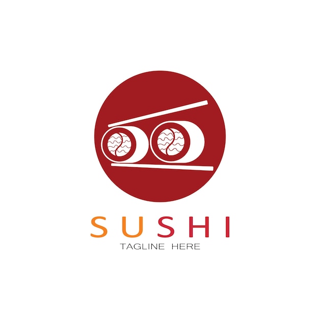 Шаблон логотипа сушиВекторная иконка в стиле иллюстрации Бар или магазин СушиРолл с лососемСуши и роллы с палочками для еды или шаблон векторного логотипа ресторана