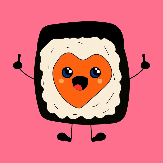 Sushi Love-concept Leuke gelukkige grappige lachende sushi, rol met kawaii-ogen. Vector in cartoon-stijl.